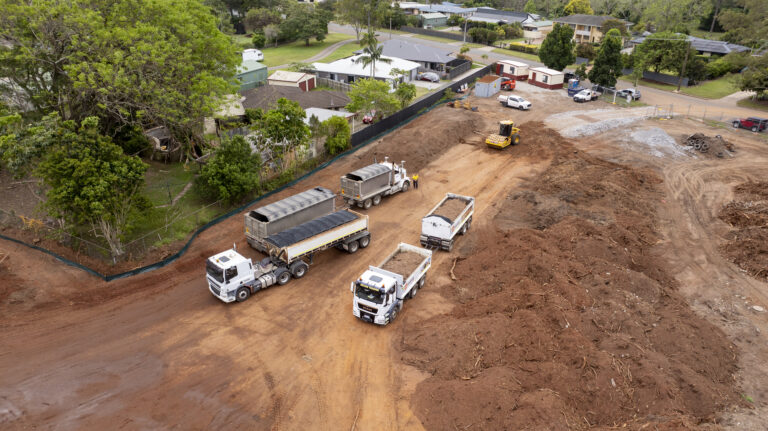 Ongoing civil works at Willow, Lawnton, featuring tree clearing, road construction, and underground services for a 38-lot residential development.